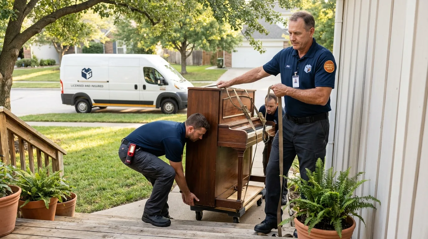 Licensed piano movers securing grand piano in Collinsville, VA