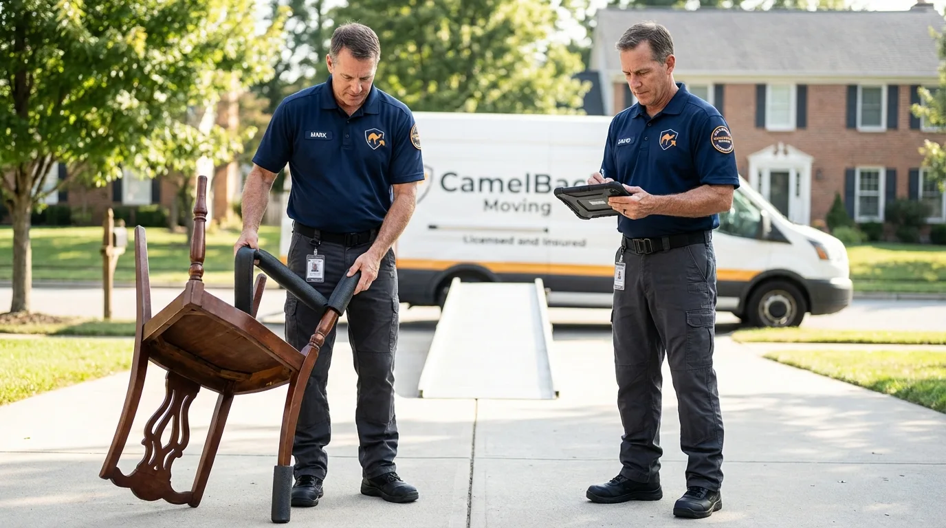 Movers inspecting furniture for damage prevention before loading in Collinsville, VA