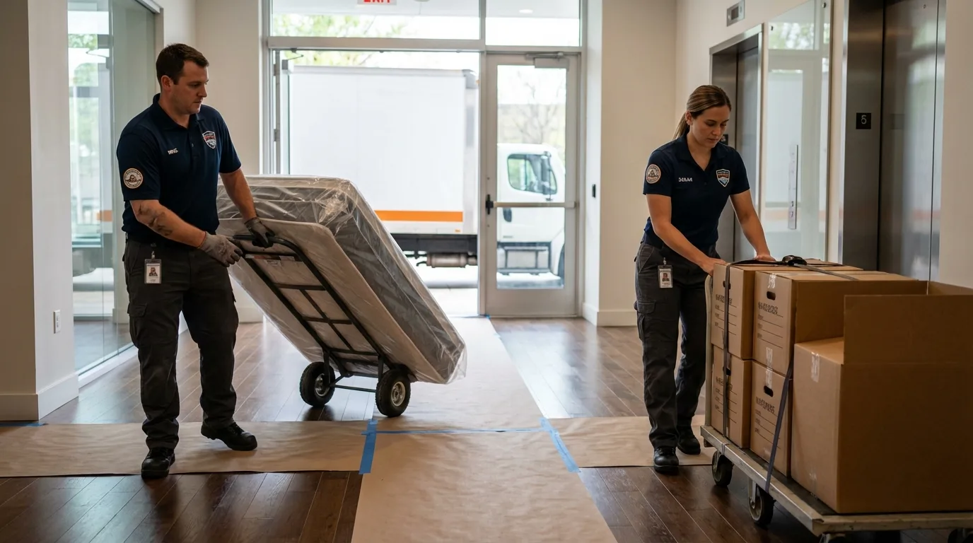 Professional apartment movers loading elevator in Collinsville, VA